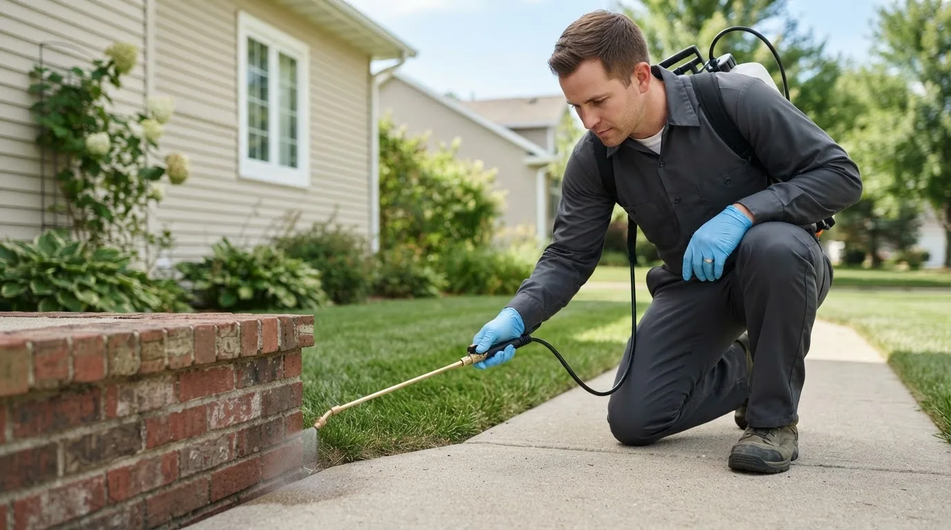 Pest control technician treating a home near Hudson, CO
