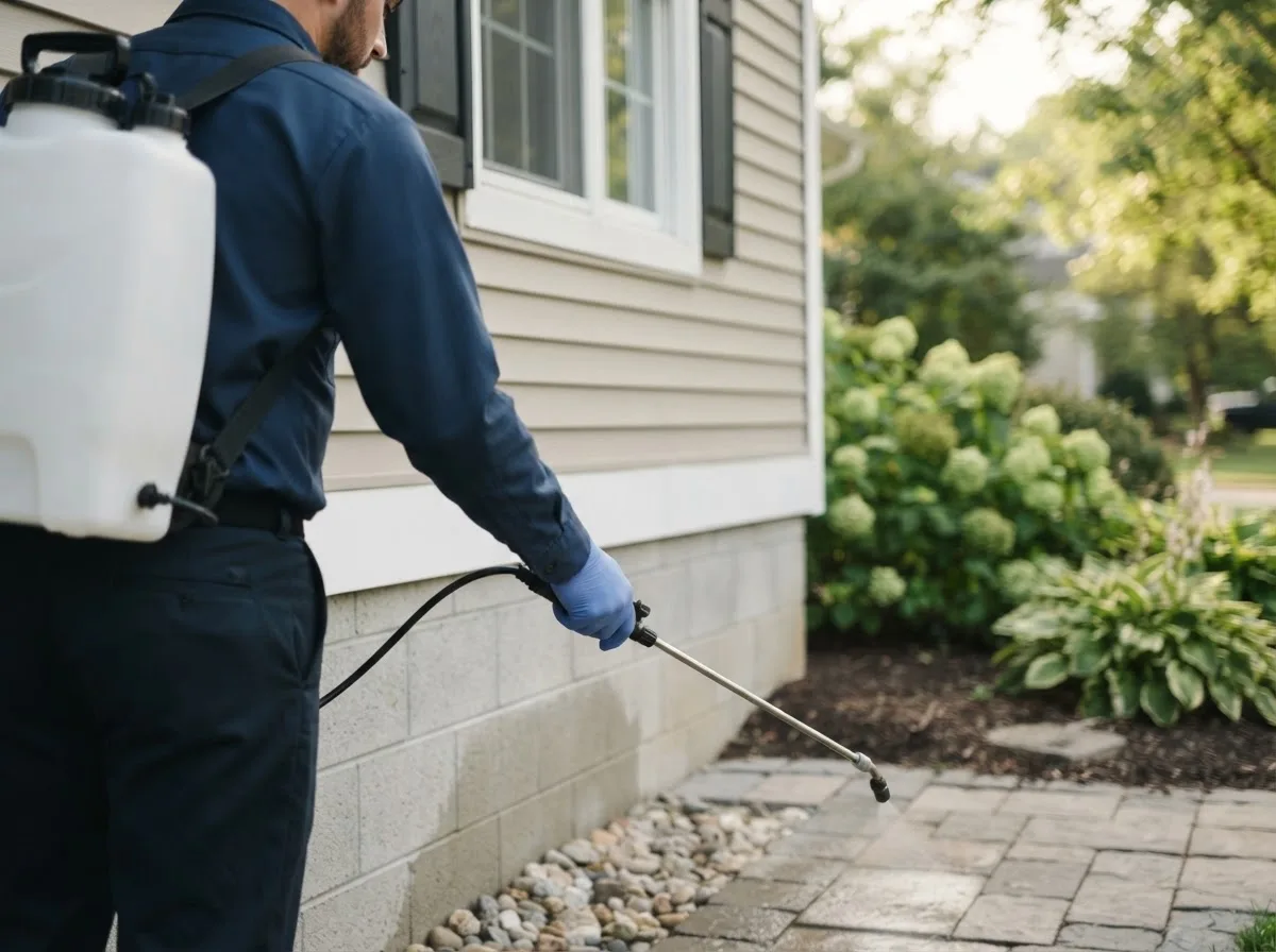 Pest control technician inspecting a home in Hudson, CO